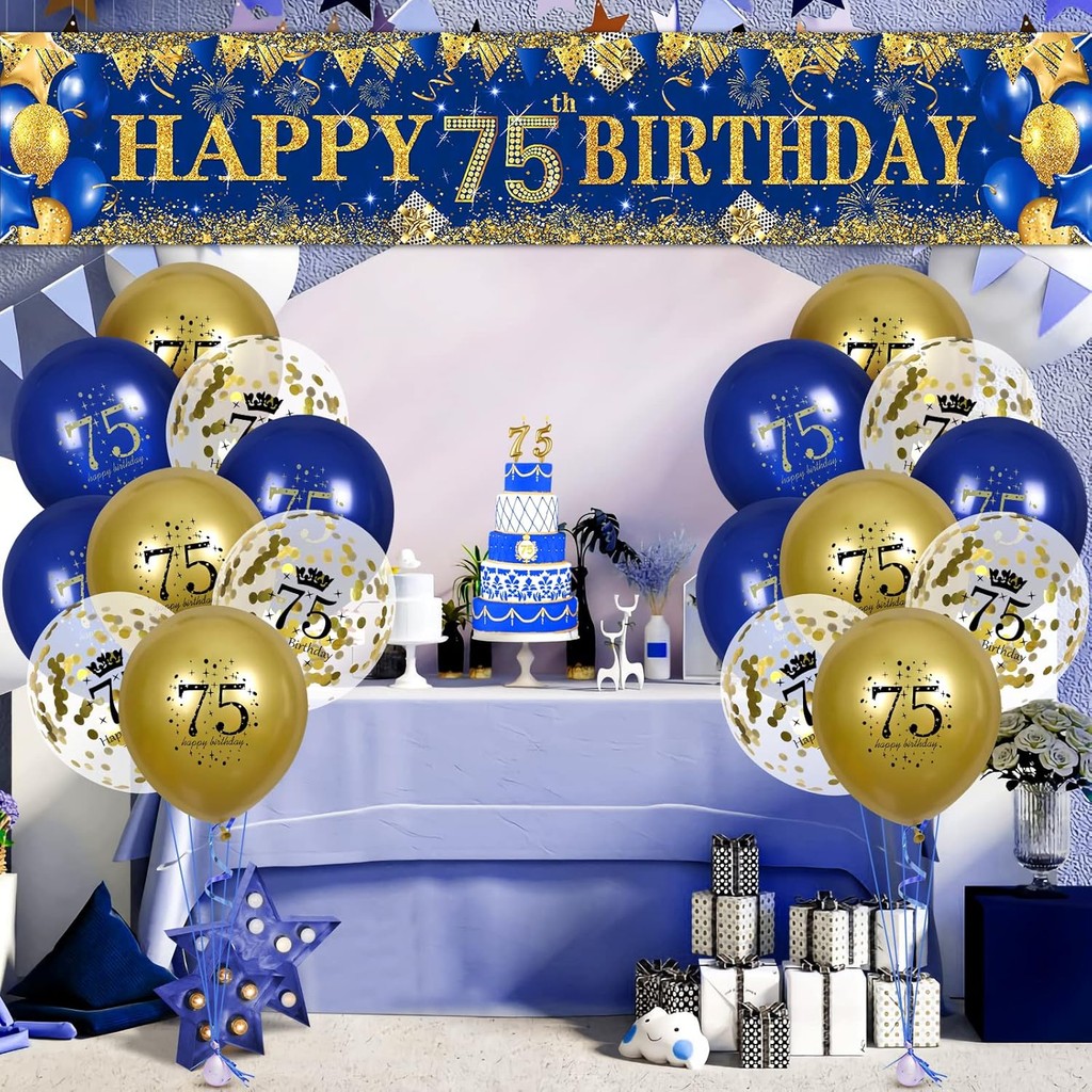 75th ตกแต่งวันเกิดสําหรับผู้ชายผู้หญิงสีฟ้าและทอง,Navy Blue Gold Birthday Party Yard แบนเนอร์ 18 PCS