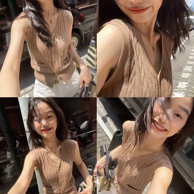 เสื้อสเวตเตอร์แขนกุดสีดำสไตล์ V คอถัก สำหรับฤดูใบไม้ร่วง ผู้หญิง