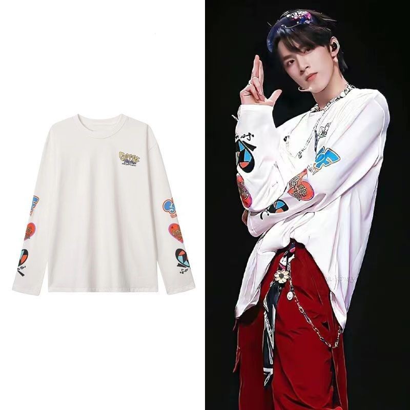 纯棉上衣服卡通心菜长款套装短袖设计感宽松男女士休闲款中潮iu Yaowen เสื้อผ้าการ์ตูนกราฟฟิตีแขนยาวรอบคอ cottonQQ