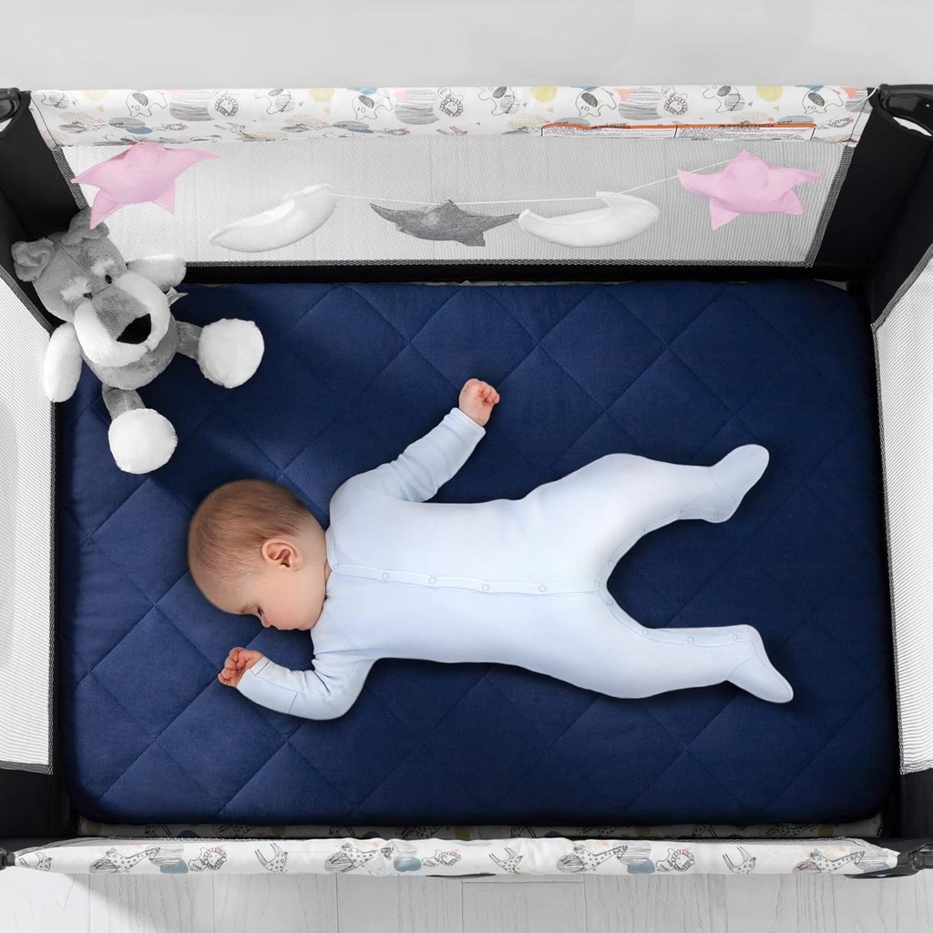 TILLYOU Pack n Play Sheets Pad 2 Pack - แผ่นรองเปลแบบหนา, แผ่นผ้านวมแบบนุ่มพร้อมกระเป๋าลึก 1-3, เบาะ