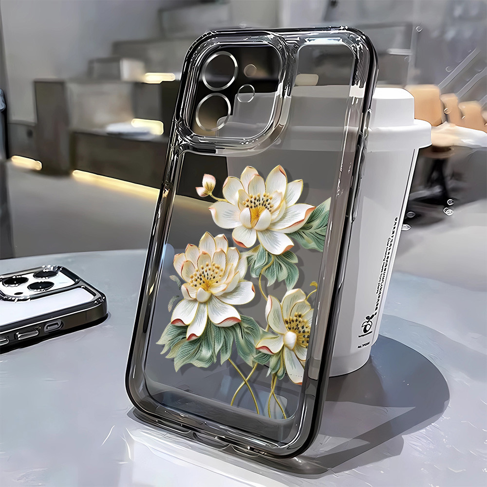 3 in1 Lotus สําหรับ Oppo Reno 10 10pro 9 9pro1111f 11pro 12 12pro12f โปร่งใสเคสโทรศัพท์กันกระแทก