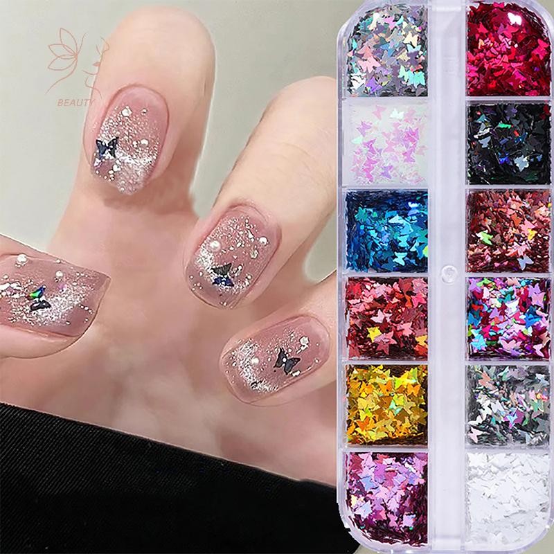 [maybeauty] 12 กริด/กล่องการเพิ่มประสิทธิภาพเล็บเลื่อม Ultra-thin Star Bow Shapes Glitter Gradient เล็บอุปกรณ์ตกแต่ง {TH}