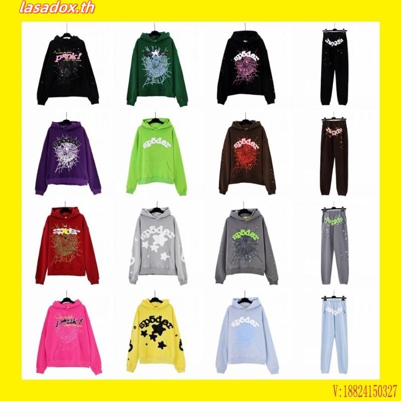 เสื้อกันหนาวลําลอง ผ้าฝ้ายแท้ มีฮู้ด พิมพ์ลาย Sp5der ทรงหลวม สไตล์ดารา