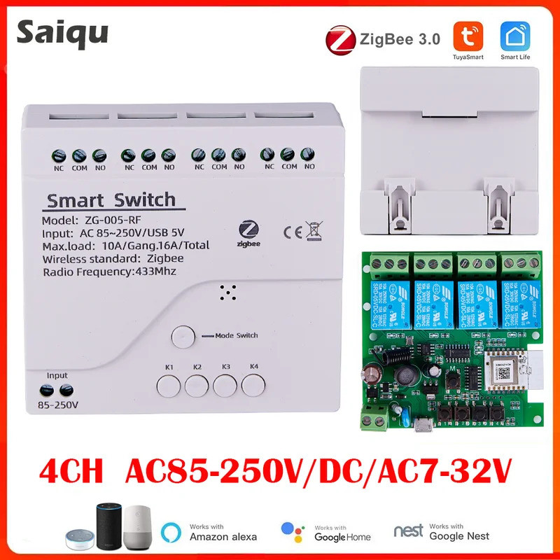4CH Zigbee Tuya สมาร์ทโมดูลรีเลย์ 85-250V รีเลย์ AC DC 7-32V 85-250V ทํางาน Alexa Google Assistant ส