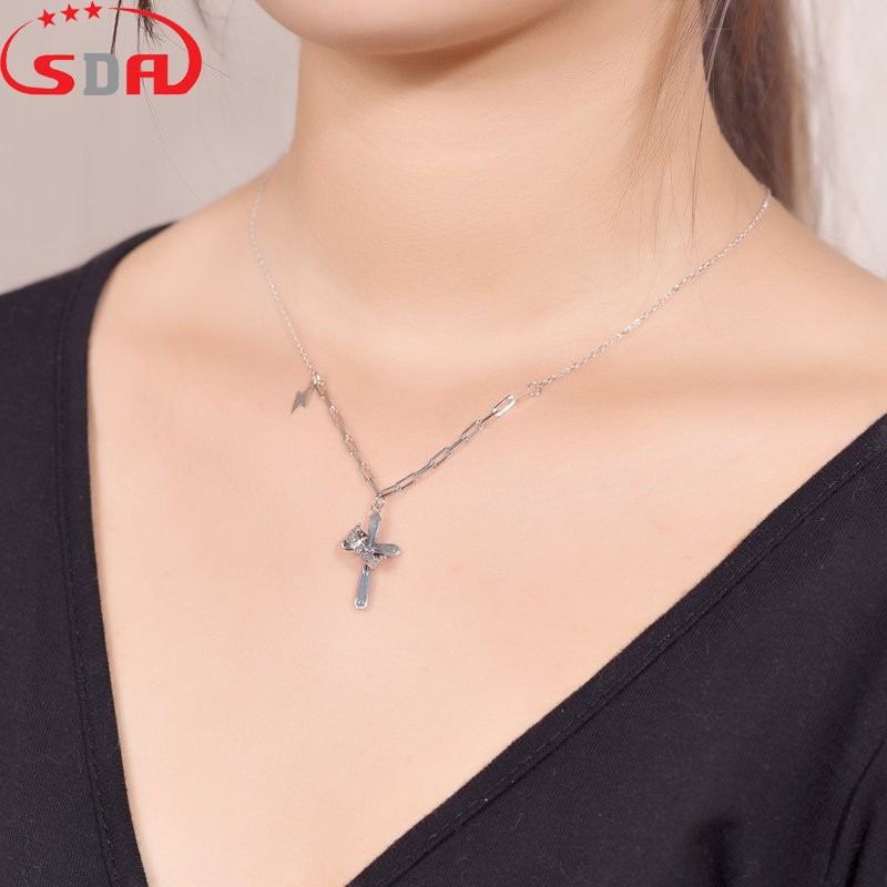 SDA ชุดแหวนสร้อยคอเงินสเตอร์ลิง S925 แบบ Retro Cross สไตล์พังก์ดิสทRESSED สำหรับผู้หญิง