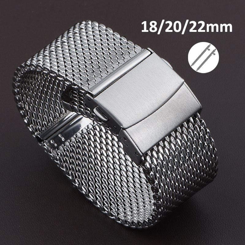สายนาฬิกา Milanese Mesh 1.0mm​​ 304 สายนาฬิกาสแตนเลสสร้อยข้อมือแบบปลดเร็ว 18 มม. 20 มม. 22 มม. ห่วง Milanese​ สายนาฬิกา Double Press Clasp ​เข็มขัดข้อมือโลหะ