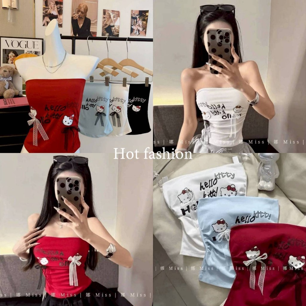 HOT FASHION THAI พร้อมส่ง เสื้อเกาะอก ดีเทลลายการ์ตูนสีน่ารัก เสริมฟองน้ำในตัวสไตล์เกาหลี ยืดพอดีตัว -FY66032