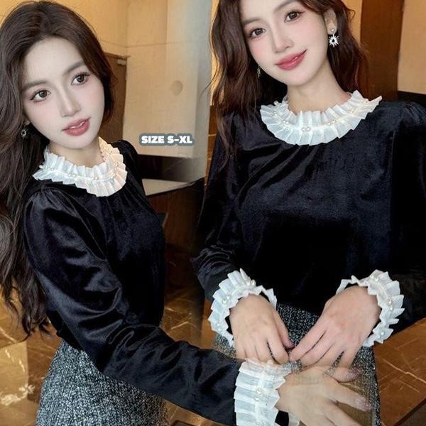 mimi&didi#เสื้อเชิ้ตลูกปัดเล็บและลูกไม้เย็บปะติดปะต่อกันกำมะหยี่สีทอง ผู้หญิง เหมาะสำหรับฤดูใบไม้ร่วงและฤดูหนาว#W666