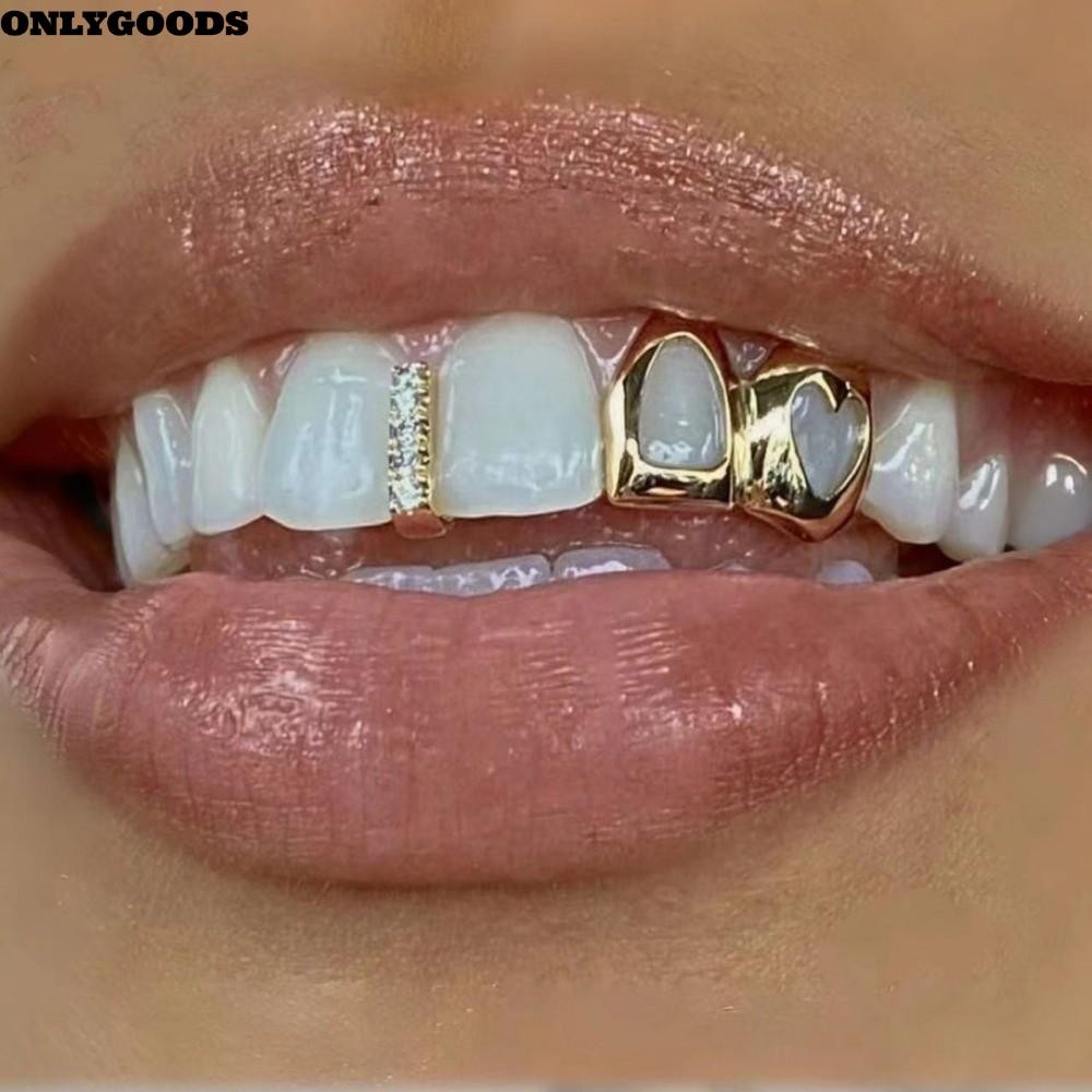 ONLYGOODS Hip Hop Grillz ทองแดง ลวดลายหัวใจคู่แบบโปร่งแสง ส่องประกายเหมือนเพชรซิทริน