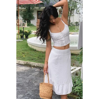 Hotgirl พร้อมส่ง ชุดเซ็ทผู้หญิง 2ชิ้น ชุดเซต เสื้อกล้ามสายเดี่ยวผู้หญิง กระโปรง ขาว ดีไซน์เซ็กซี่ สไตล์เกาหลี