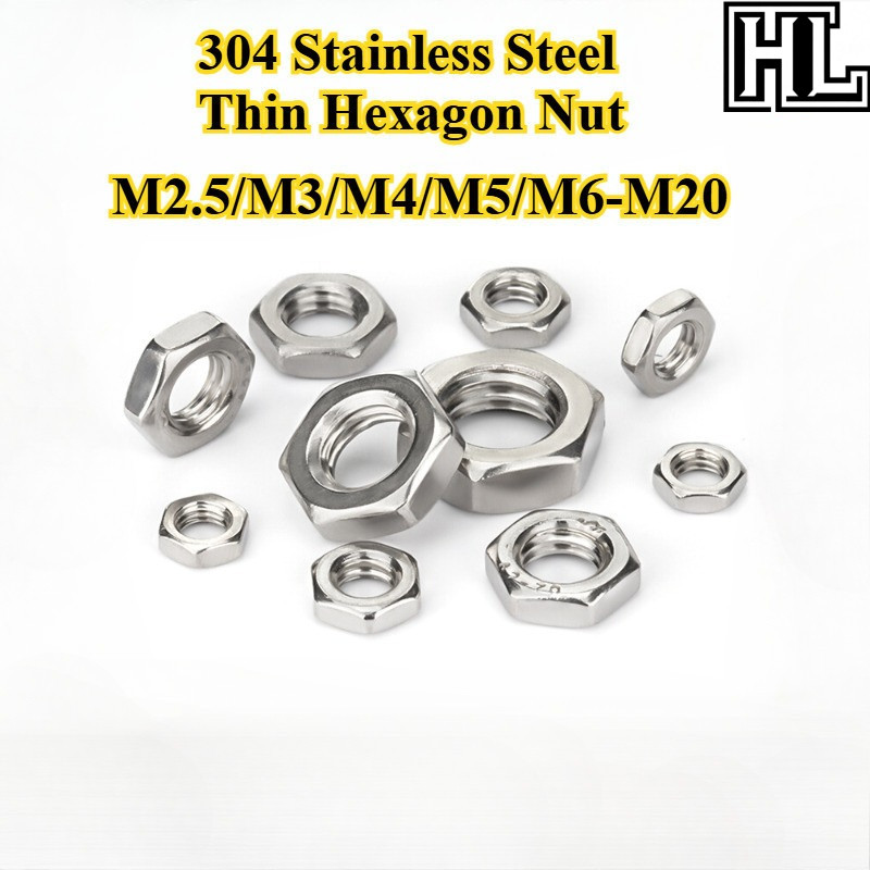 [HL-LM] SUS304, น็อตหกเหลี่ยมบาง M2.5/M3/M4/M5/M6-M20 น็อตหกเหลี่ยมสแตนเลส, น็อตสกรูล็อค