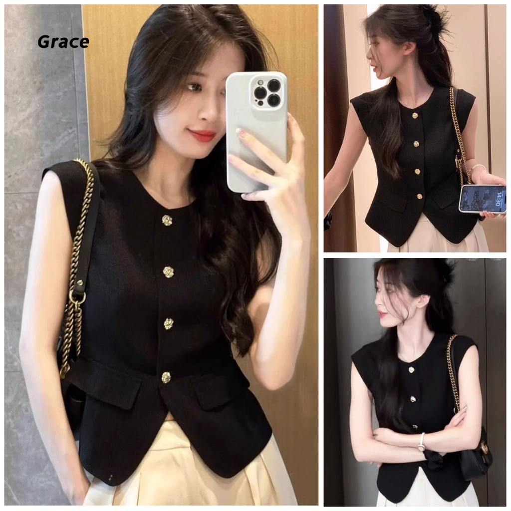 [Grace] (Ready Stock) เสื้อกั๊กถักผู้หญิงสีดํา 2025 ดีไซน์สไตล์ใหม่แฟชั่นเสื้อสั้น GR3523 # – โปรปัง