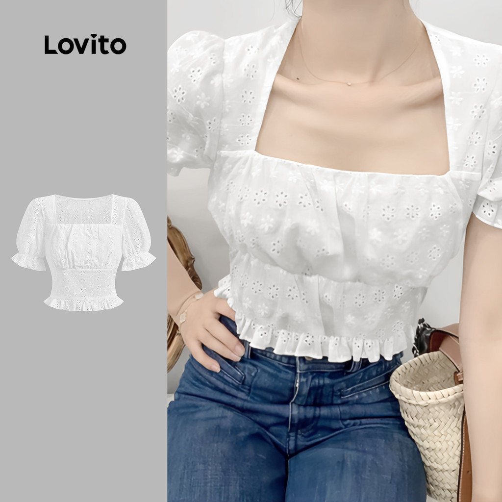 Lovito เสื้อเบลาส์ตัดผักกาดหอมธรรมดาหรูหราสําหรับผู้หญิง L132ED103