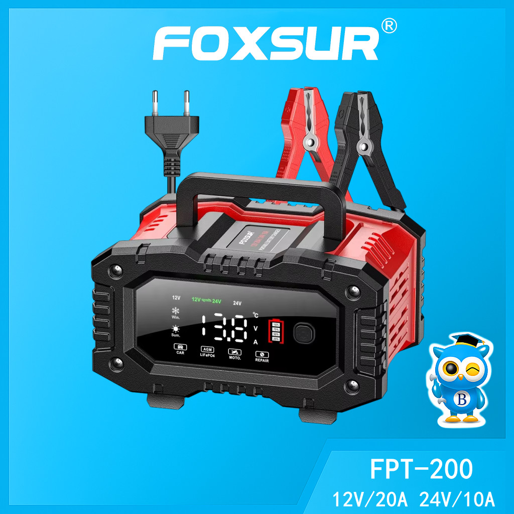 Foxsur( FPT-200 20A ) 300W เครื่องชาร์จแบตเตอรี่อัตโนมัติ 12V 20A - 24V 10A พร้อมหน้าจอ LCD ดิจิทัล สําหรับรถยนต์ รถบรรท