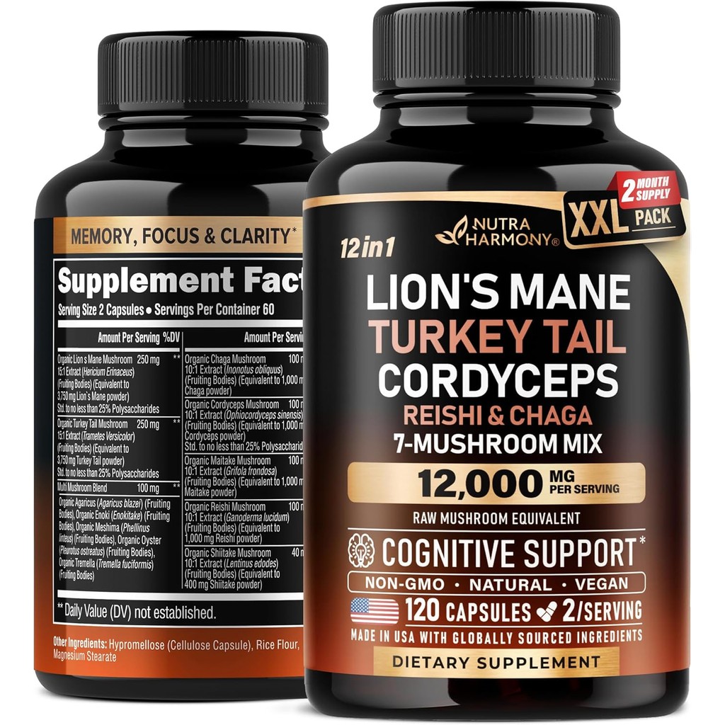 Mushroom Supplement - Organic Lions Mane | Turkey Tail | Chaga | Cordyceps | Reishi | Maitake | Shii