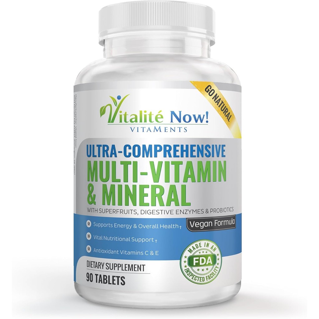 Vegan Whole Food Multivitamin & Mineral - Vitamins A B1 B2 B6 B12 C D3 E & 110 Super Foods, Herbs, G