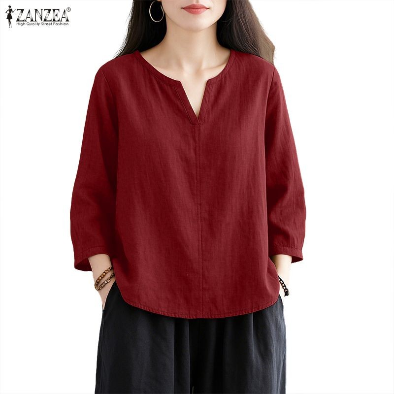 ZANZEA เสื้อเบลาส์คอกลม คอวี ไซซ์เล็ก สไตล์เกาหลี สีทึบ สำหรับผู้หญิง