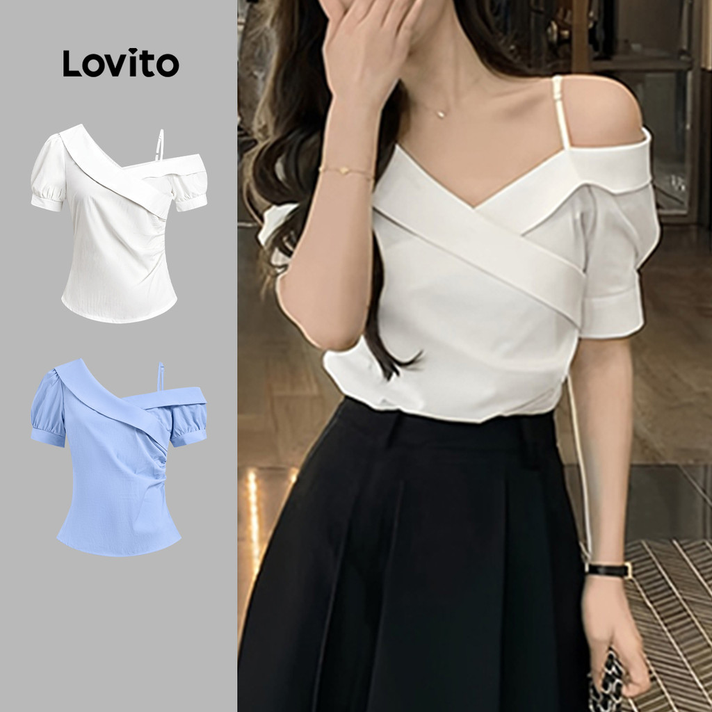 เสื้อเชิ้ตแขนสั้นที่ไม่มีสายหนังคอปกไม่สมมาตรสุภาพสตรีสีทึบเรียบง่ายเรียบง่าย-BLB121MD36
