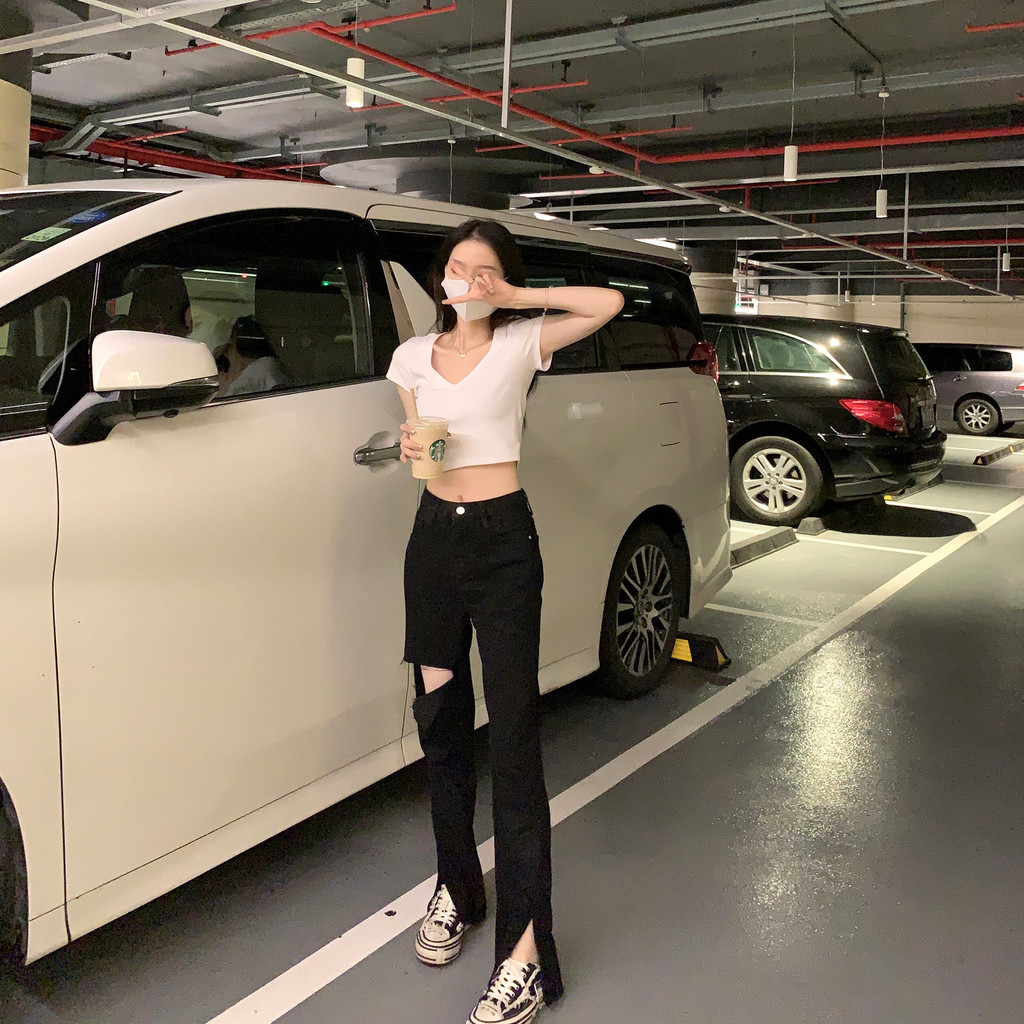 SerioLudere Egg Boy Lazy Black Ripped Slit Jeans