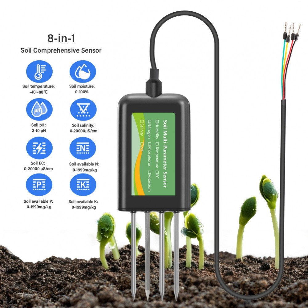 RS485 เซ็นเซอร์ดิน 8in1 พร้อมการวัดอุณหภูมิ PH ความเค็มและ NPK