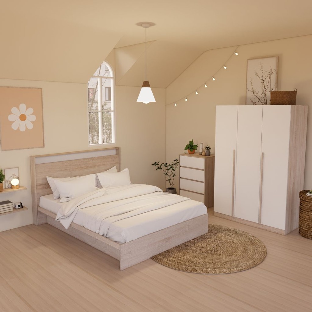 Looms  ชุดห้องนอน KYOTO 5 ฟุต + REMUS-C + AARON สีโซลิดโอ๊คตัดสีขาว