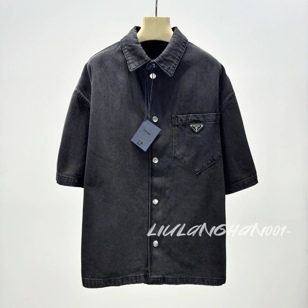 1: 1 Original Label High-Quality Triangle Label Washed Grey Denim Short Sleeves Shirt