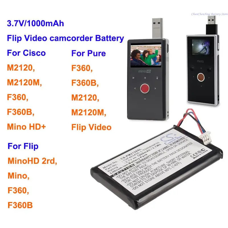 Cameron Sino แบตเตอรี่ 1000mAh สําหรับ Cisco/Pure/Flip รุ่น F360, F360B, M2120, M2120M, Mino HD+ และ