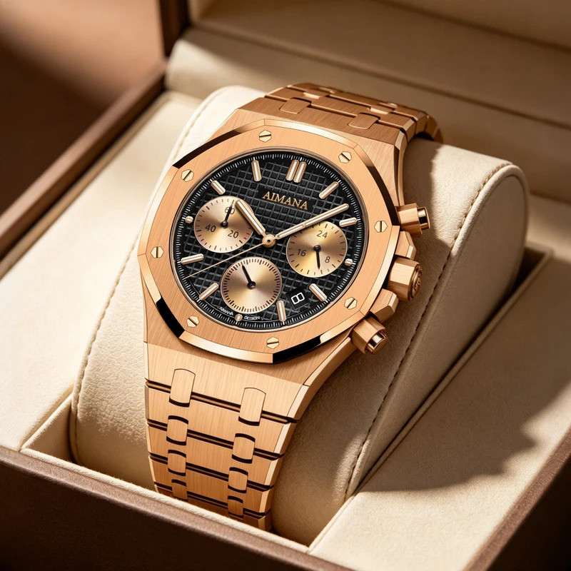 AIMANA ผู้ชาย Rose Gold Chronograph นาฬิกาหน้าปัดสีดํากันน้ําควอตซ์สายสแตนเลสนาฬิกาข้อมือกีฬาของขวัญ