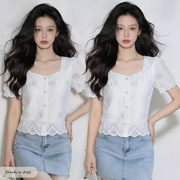 mimi-เสื้อคอเหลี่ยมกลวงออก เสื้อเชิ้ตแขนสั้นผู้หญิงแบบเจาะรู แฟชั่นฤดูร้อน สีขาวหวานๆ ดูดีและช่วยให้ดูผอมเพรียว#99291