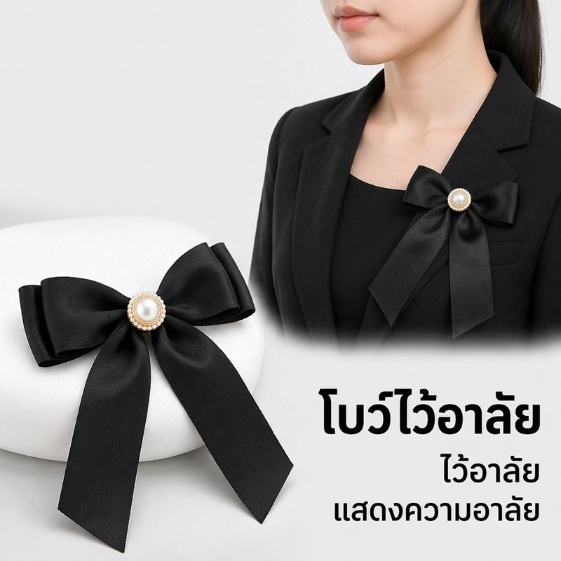 เข็มกลัดโบว์ไว้อาลัย โบว์ริบบิ้นไว้ทุกข์ เข็มกลัดโบว์ดำ โบว์ขาวดำ งานศพ งานรำลึก ติดเสื้อ