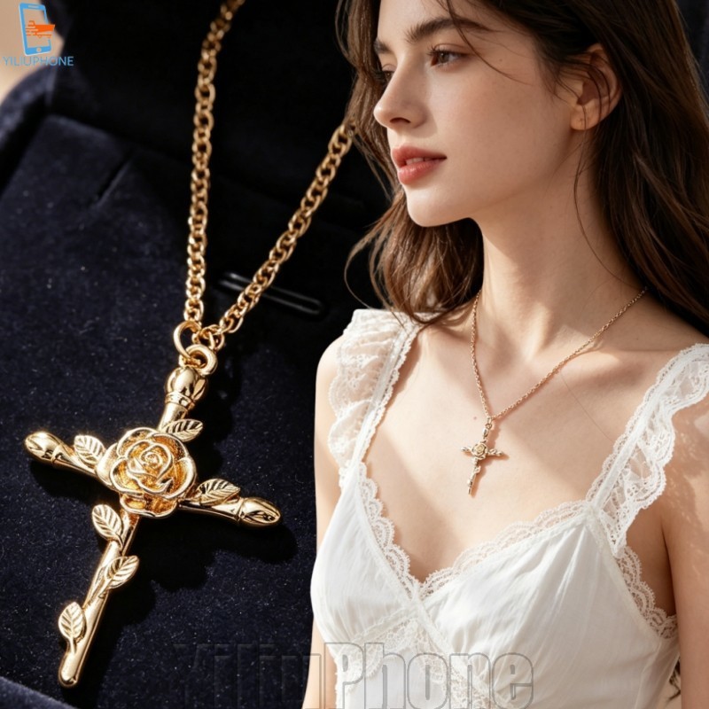 [Bless] 4-1Pc 3D Rose Crossสร้อยคอ-เครื่องประดับแฟชั่นของขวัญ-ปรับClavicle Chain-จี้สร้อยคอ-สําหรับผ