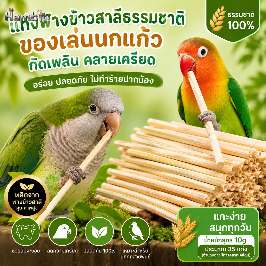 Hambit. แท่งฟางข้าวสาลีธรรมชาติ ของเล่นนกแก้ว สำหรับแทะ ลับจะงอยปาก แก้เครียด (10g / ~35 แท่ง)