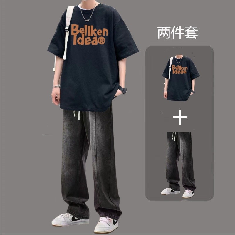 เสื้อยืดแขนสั้นฤดูร้อนครึ่ง T444 Pure Cotton + K50 ชุดยีนส์ S-3XL, P42
