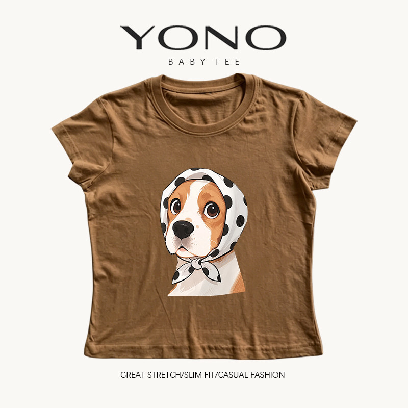 (พร้อมส่ง24ชม.) baby tee สีน้ำตาล ลายหมาใส่ผ้าพันคอลายจุด ฟีลวินเทจน่ารัก ทรงเข้ารูป ใส่ชิคทุกวัน