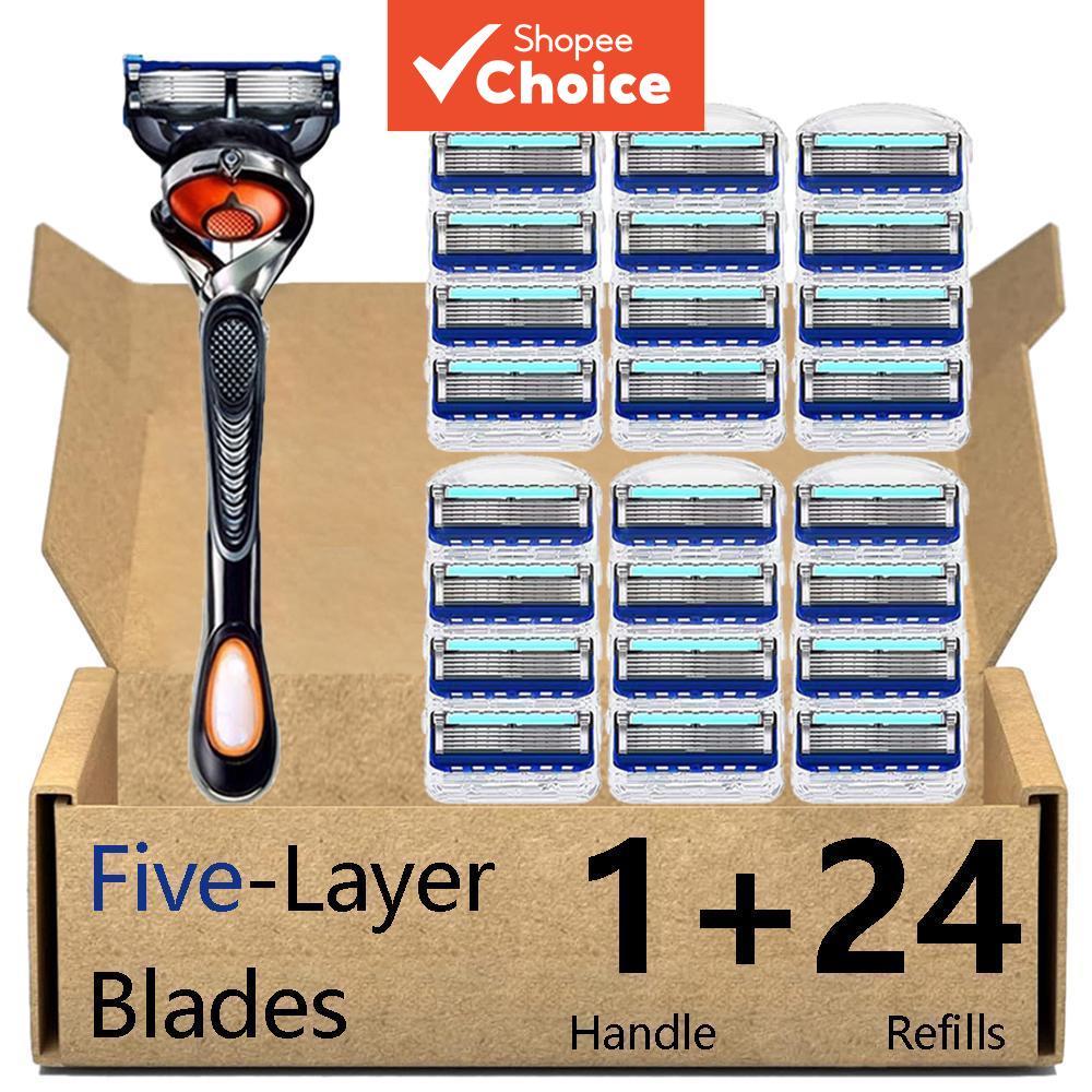 เครื่องโกนหนวดแบบแมนนวล 5 ชั้นสําหรับผู้ชายพร้อมหัวเปลี่ยน 24 หัว - 1 ด้าม, ใบมีดทนทานที่คมชัด, Gillette Fusion 5 Proglide Proshield Compatible