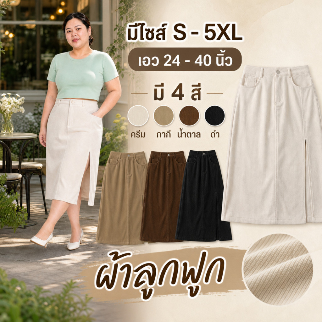 กระโปรงสาวอวบ ผ้าลูกฟูก มีไซส์ S-5XL ทรงเอเอวสูง ดีเทลผ่าหน้าขา กระโปรงทรงสอบสไตล์เกาหลี ผ้านุ่มใส่สบาย มีกระเป๋าข้าง