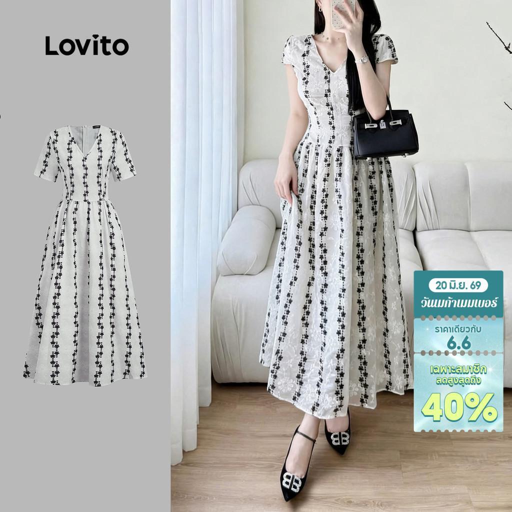 Lovito Elegant เดรสลายดอกไม้ เดรสสวยสบาย สไตล์ฤดูใบไม้ผลิ/ฤดูร้อน สําหรับผู้หญิง LK3ED1861
