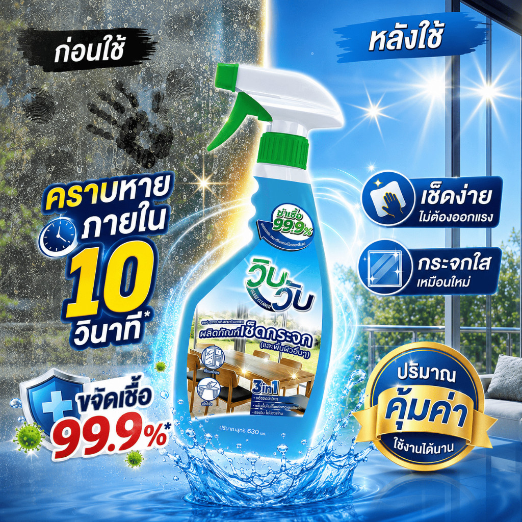 Wib Wub Glass Cleaner วิบวับ ผลิตภัณฑ์ทำความสะอาดกระจก และพื้นผิวอื่นๆ ขจัดคราบ 99.9% ขนาด 630ml.