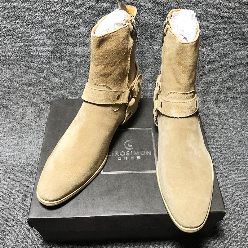 CHELSEA Boots ผู้ชายของแท้หนัง Pointed Toe สั้นรองเท้า CHELSEA BOOT สีกากีรองเท้าผู้ชายอังกฤษอินเทรน