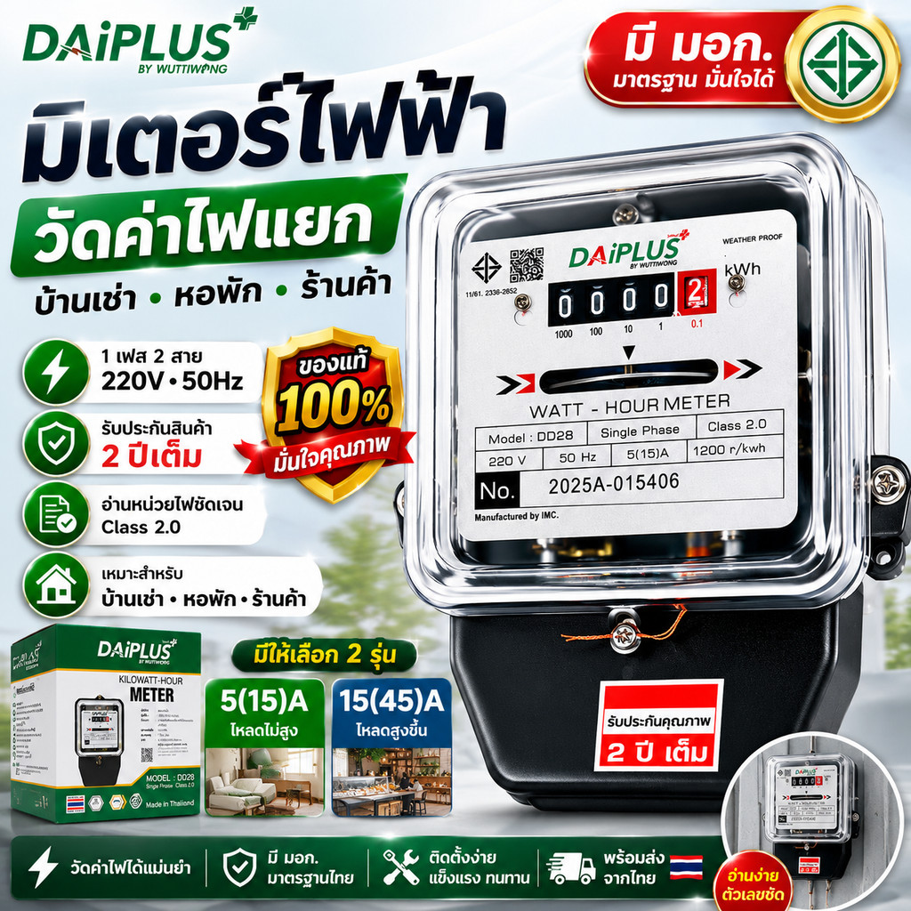 DAI-PLUS มิเตอร์ไฟฟ้า DD28 5(15)A 15(45)A มี มอก. มิเตอร์วัดค่าไฟ ห้องเช่า หอพัก บ้าน 1 เฟส 2 สาย 220V รับประกัน 2 ปี