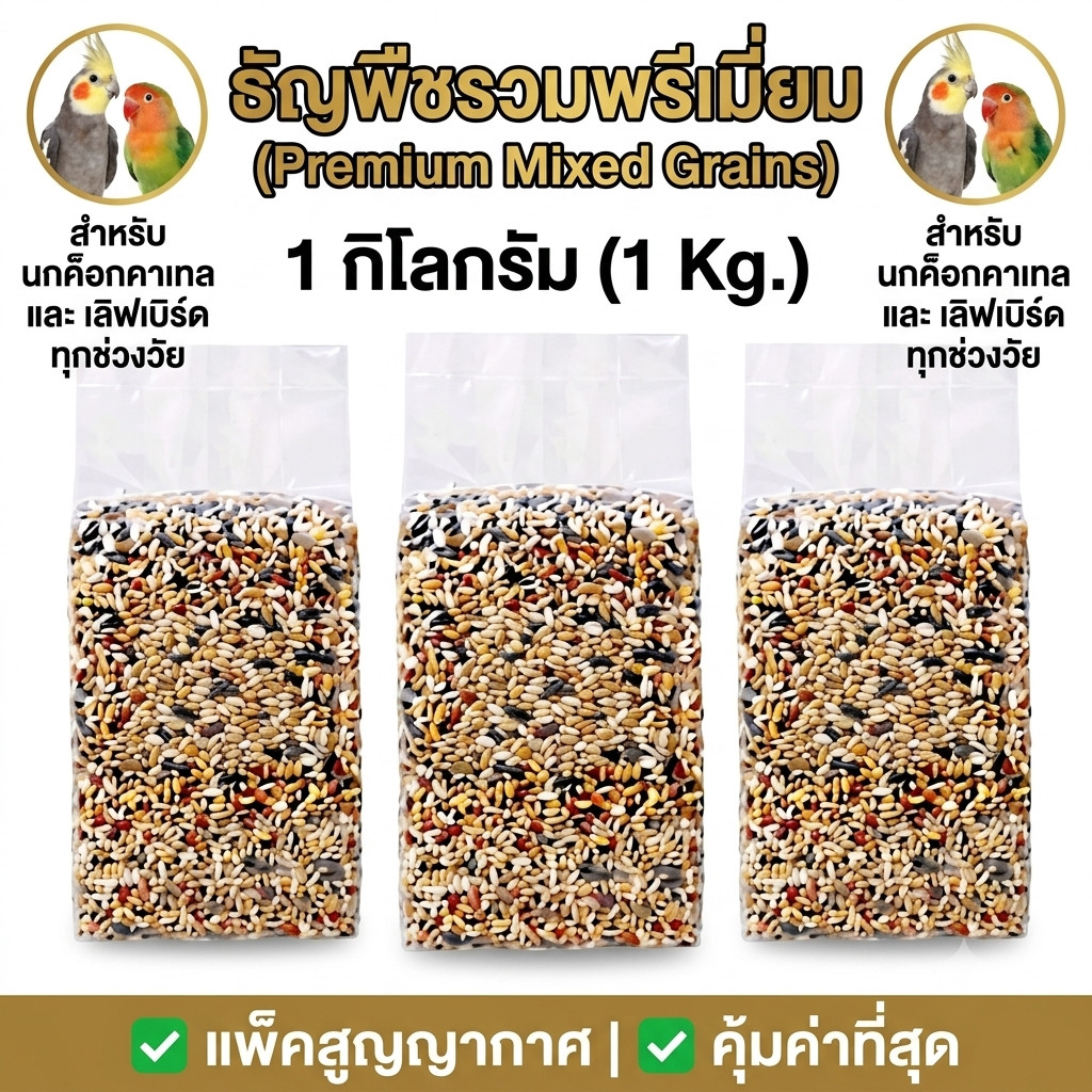 อาหารนก ธัญพืชรวม (แพ็คสูญญากาศ) 1 - 3 ถุง สูตรสำหรับ นกค็อกคาเทล เลิฟเบิร์ด ทุกช่วงวัย 1 Kg. Avin