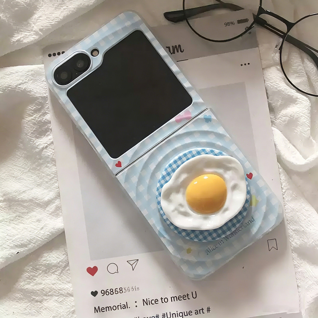 เคสลายตาข่ายสีฟ้าแม่เหล็กน่ารักพร้อมวงเล็บไข่ตุ๋นสําหรับ Samsung Galaxy Z Flip7 Z Flip7 fe Flip 6 flip5 ฝาหลัง