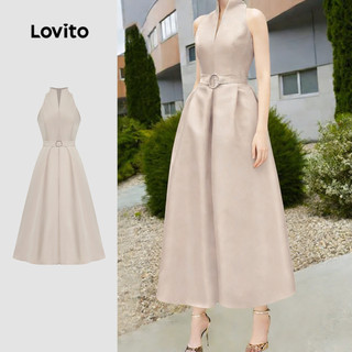 Lovito Elegant Women Dress Metal Structure Line Spring/summer Light Khaki Dress L158AD1696