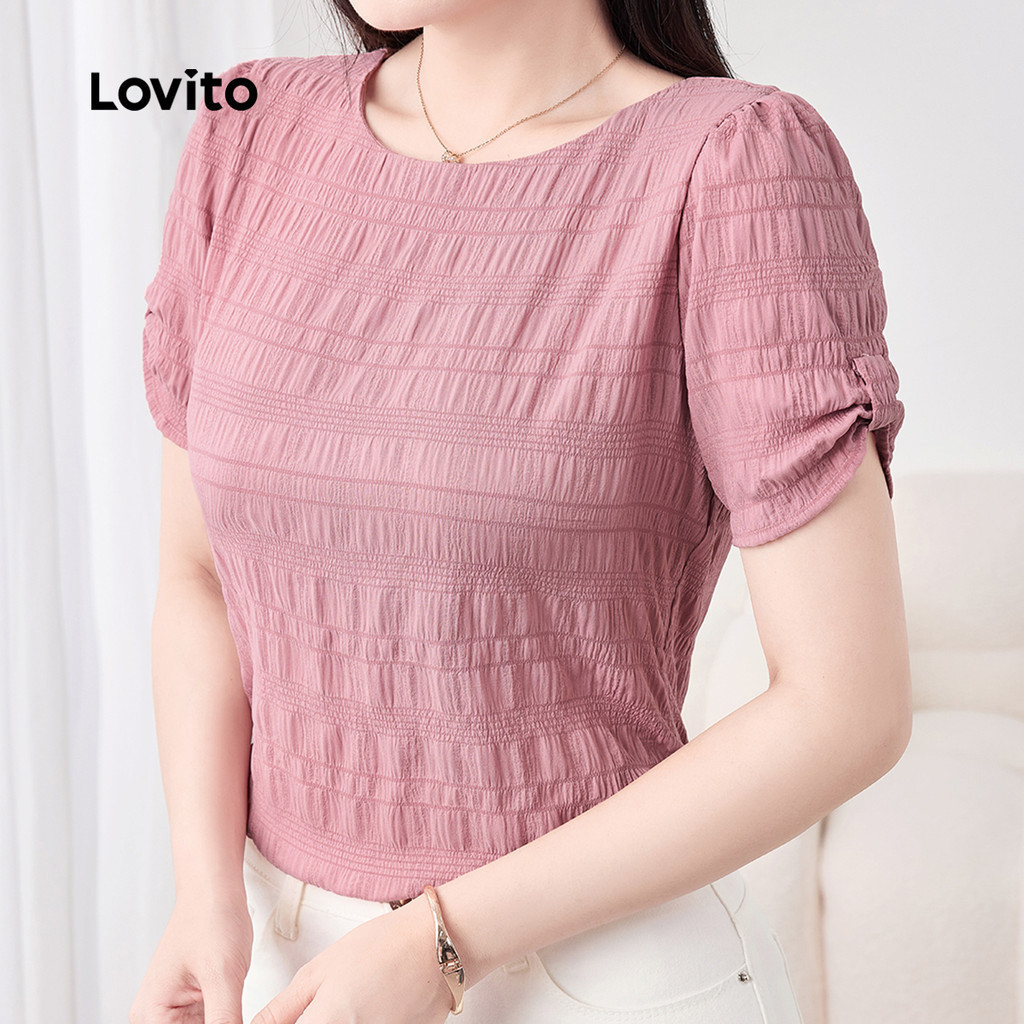Lovito เสื้อเชิ้ตดีไซน์หรู jacquard สำหรับผู้หญิงเสื้อเชิ้ตสไตล์ฤดูใบไม้ผลิ/ฤดูร้อน สีชมพู L158ED1501