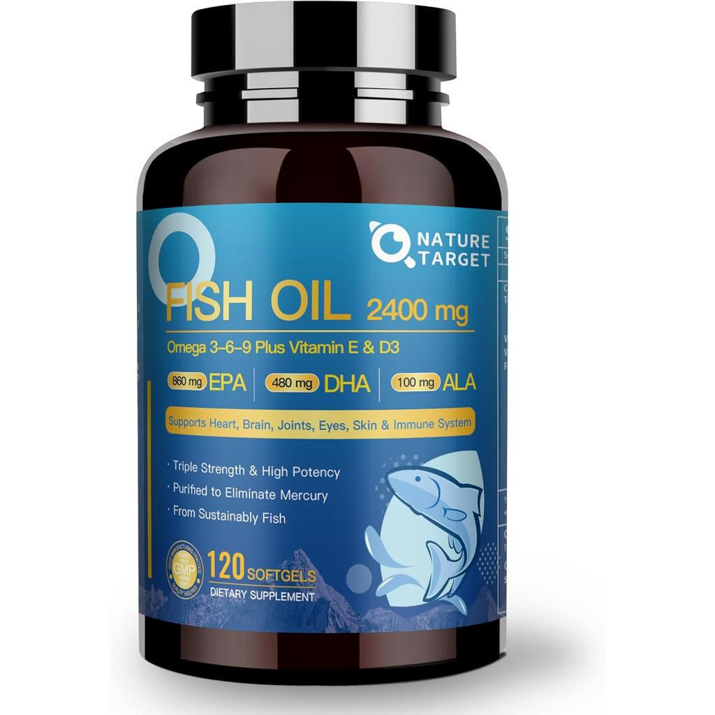 NATURE TARGET Triple Omega 3 6 9, น้ํามันปลา 2400mg แคปซูลนิ่ม, บรรจุวิตามิน D3 และ E-EPA, DHA และ A