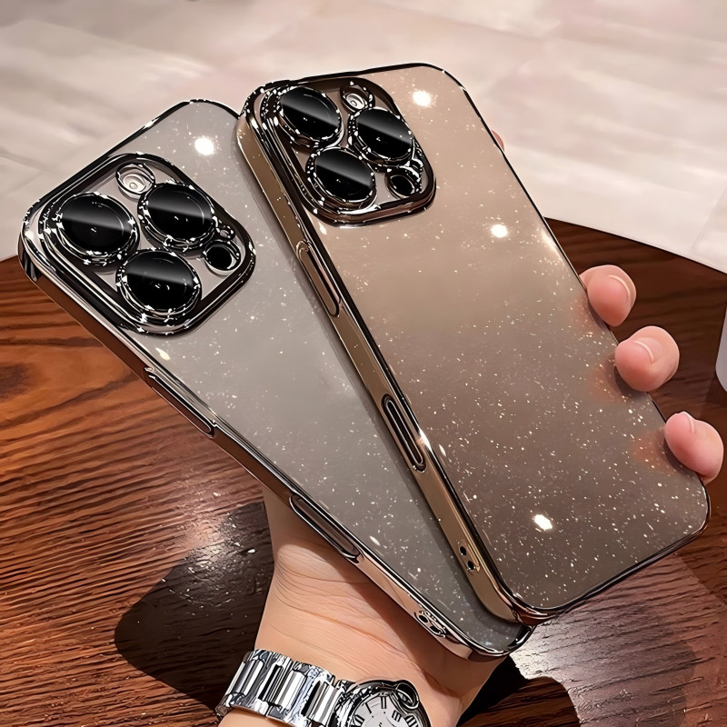 หรูหราชุบ Bling Glitter Clear Slim เคสโทรศัพท์สําหรับ IPhone 15 16 14 13 Pro Max 16plus 12 11 ProMax เลนส์ป้องกัน Electroplated กันชนกันกระแทกโปร่งใส Hard ฝาหลัง