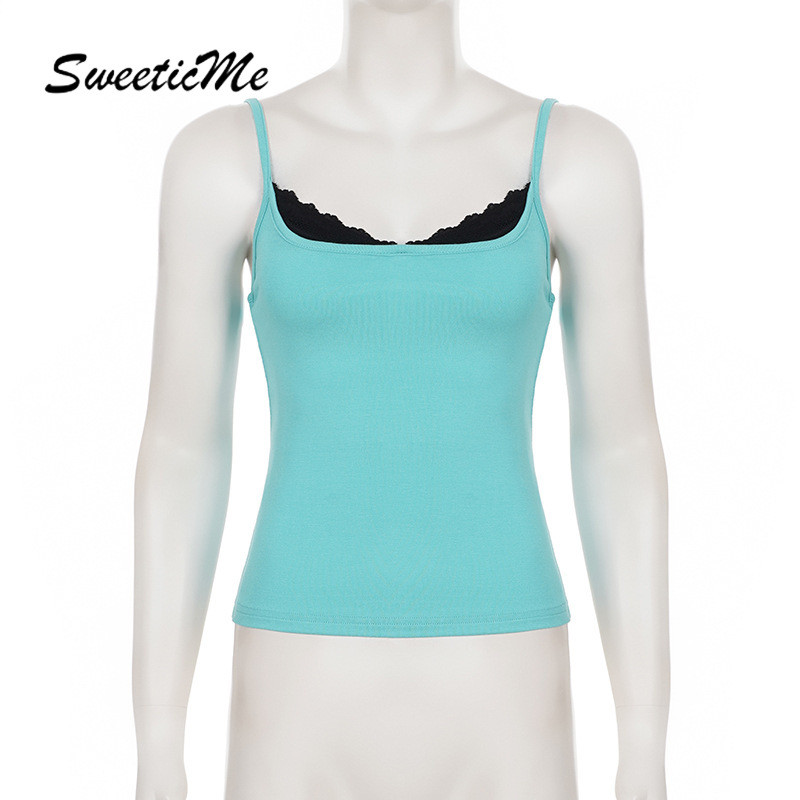 SweeticMe ผู้หญิง 2026 ใหม่แฟชั่นเซ็กซี่ลูกไม้ Splicing Casual Street สายคล้องคอ Camisole + กางเกงขาสั้นชุด — صورة 7