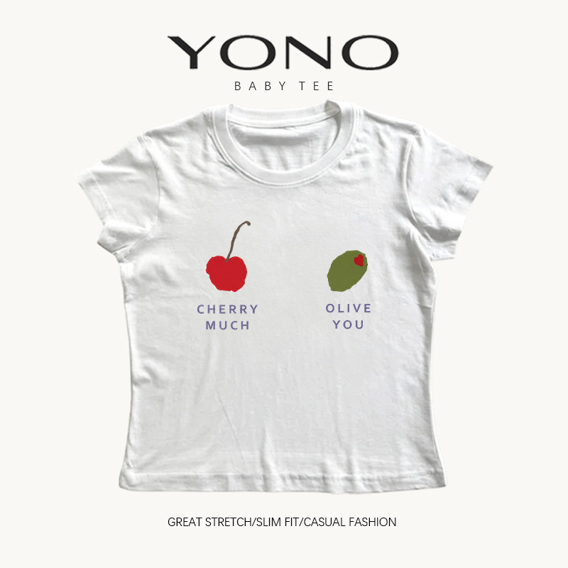 (พร้อมส่ง24ชม.) baby tee สีขาว ลายเชอร์รี่มะกอกกับตัวอักษร ฟีลมินิมอลหวานๆ ทรงเข้ารูป ใส่ชิคทุกวัน