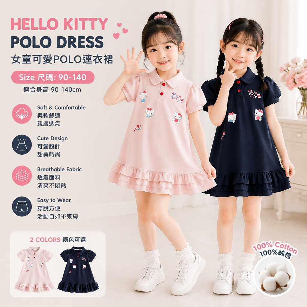 กระโปรงเด็กผู้หญิง กระโปรง Hello Kitty สไตล์ตะวันตก เวอร์ชั่นเกาหลี เด็กผู้หญิง เสื้อผ้าน่ารัก ชุด H