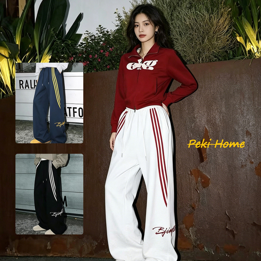กางเกงวอร์มขายาว 3 แถบ สไตล์อเมริกันวินเทจ ทรงตรงหลวม ใส่สบาย แฟชั่นเกาหลี Unisex